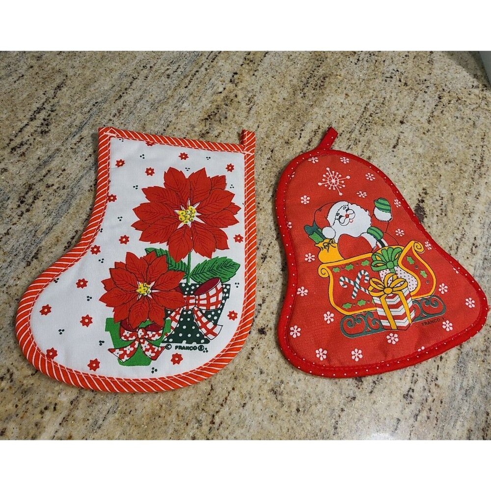 Vintage Christmas Pot Holder Lot Of 2 - Franco Santa Bell Poinsettia Stocking